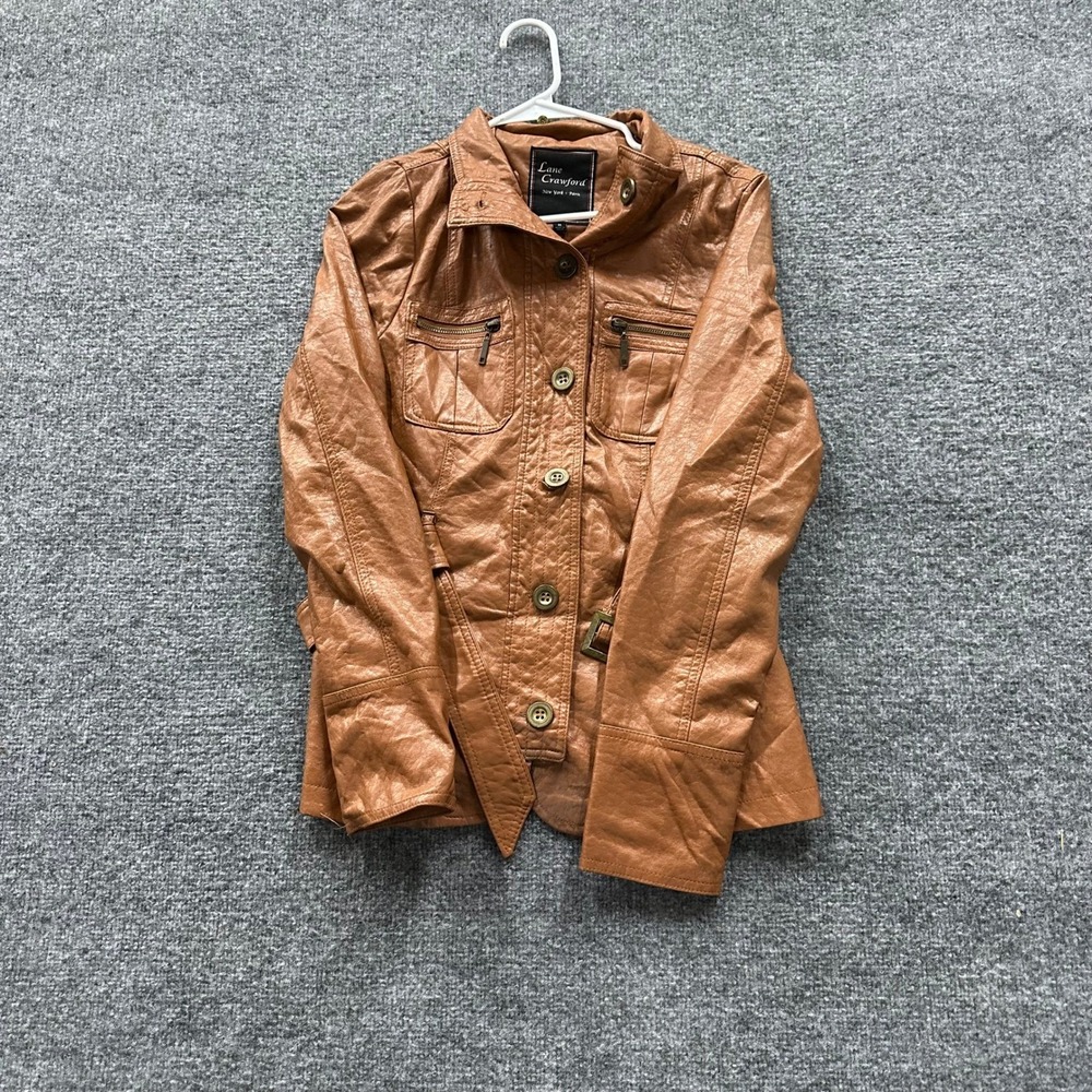 Lane Crawford Jacket Womens Size M Brown Faux Leather Belted Utility Moto Casual